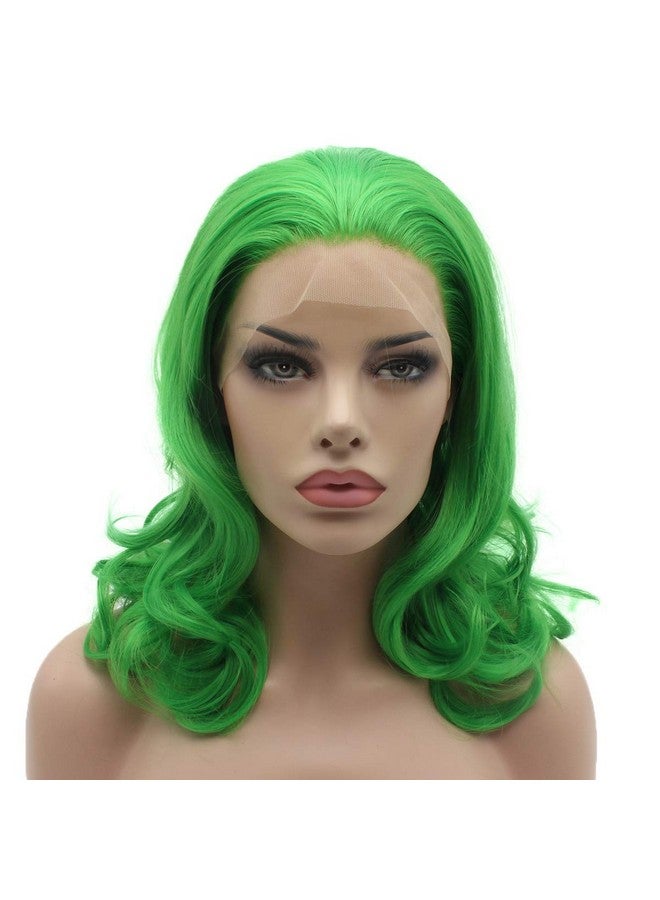 Lushy Ushy Stylish Medium Length Green Wig Heat Resistant Heavy Density Synthetic Lace Front Wig - Image 2