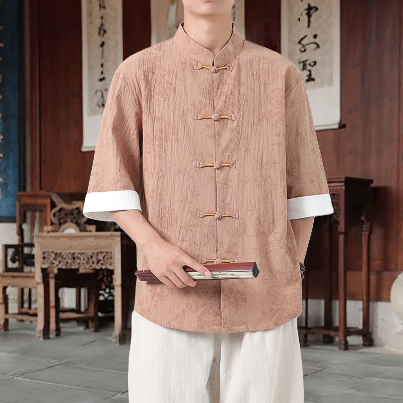 2025 Summer Chinese Style Men'S Tang Suit Hanfu Short Sleeve Shirt Plus Size Retro Trend Casual Shirt With Button Closure - Image 1