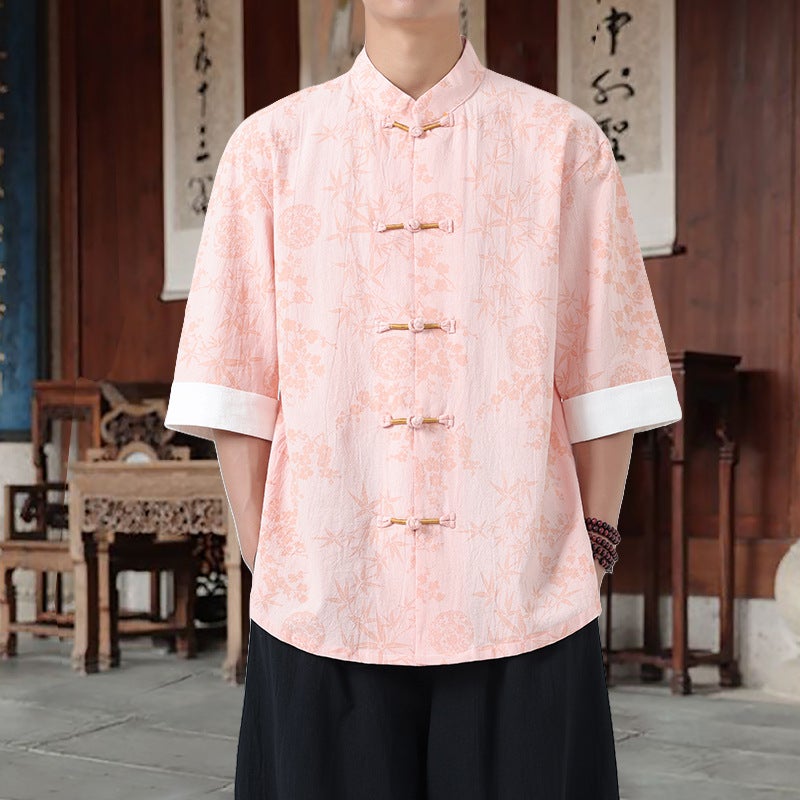 2025 Summer Chinese Style Men'S Tang Suit Hanfu Short Sleeve Shirt Plus Size Retro Trend Casual Shirt With Button Closure - Image 2