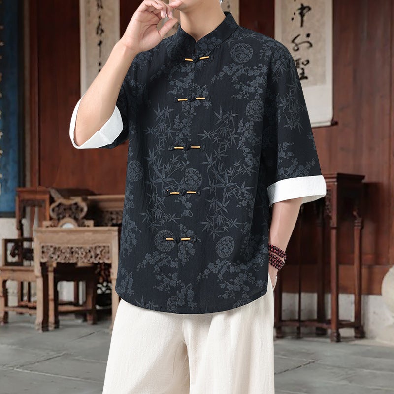 2025 Summer Chinese Style Men'S Tang Suit Hanfu Short Sleeve Shirt Plus Size Retro Trend Casual Shirt With Button Closure - Image 4
