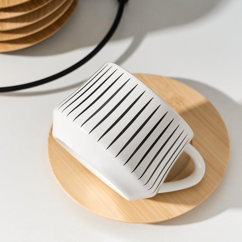 LUKA Ceramic Coffee Espresso Cups with Saucers Set with Metal Holder, 4 oz Porcelain Demitasse Cups For Espresso, Latte, Coffee, Cafe Mocha, Tea, Set of 6, Stripe White & Black - Image 3