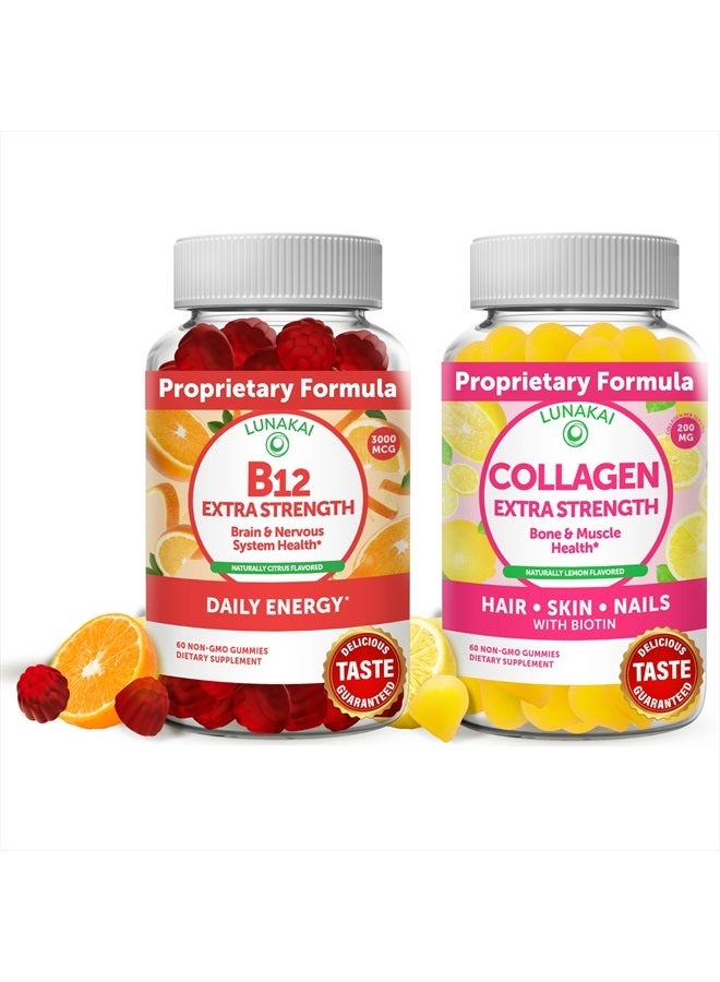 LUNAKAI Vitamin B12 and Collagen Gummies Bundle - 3000 mcg Methylcobalamin High Absorption Energy Gummies - Non-GMO Anti Aging Supplements for Men & Women - 30 Days Supply - Image 1