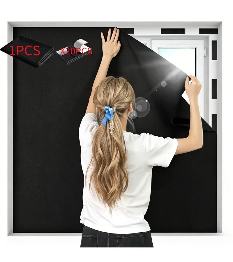 DIY Portable Black Sticker Light Blocking Curtain 51.18 X 62.99 Inch Self-Adhesive Window Film Including 20 Adhesive Strips Darkest Blackout Travel Curtains - Image 1
