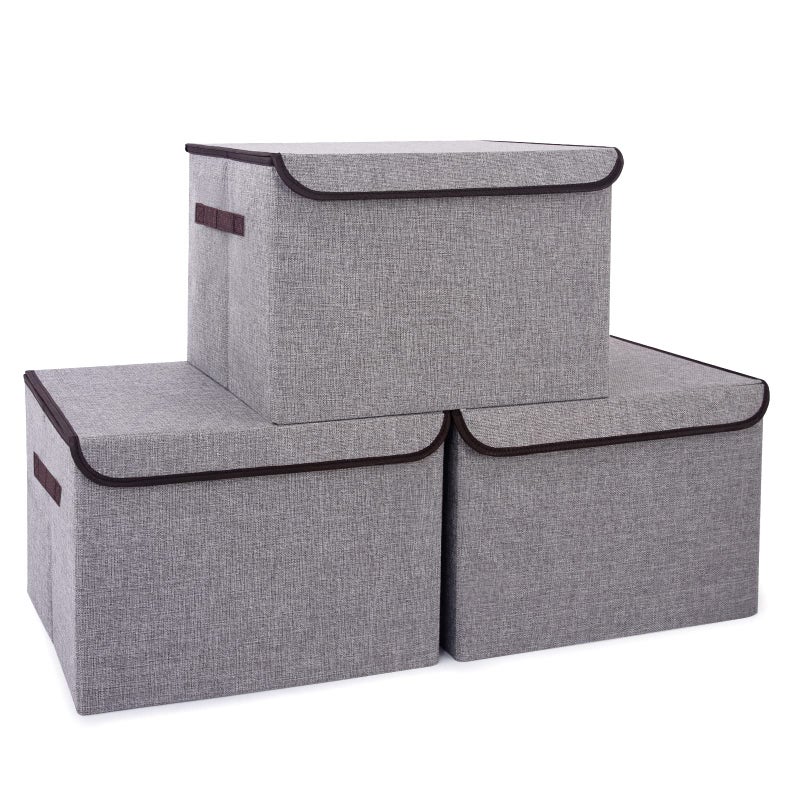 Bagnizer Large 17" 42 Quarts Collapsible Stackable Storage Bins with Lids [3-Pack] Foldable Fabric Linen Storage Boxes Cube, Closet Organizer Baskets with Label for Home (16.7 x 12 x 12, Gray) - Image 1