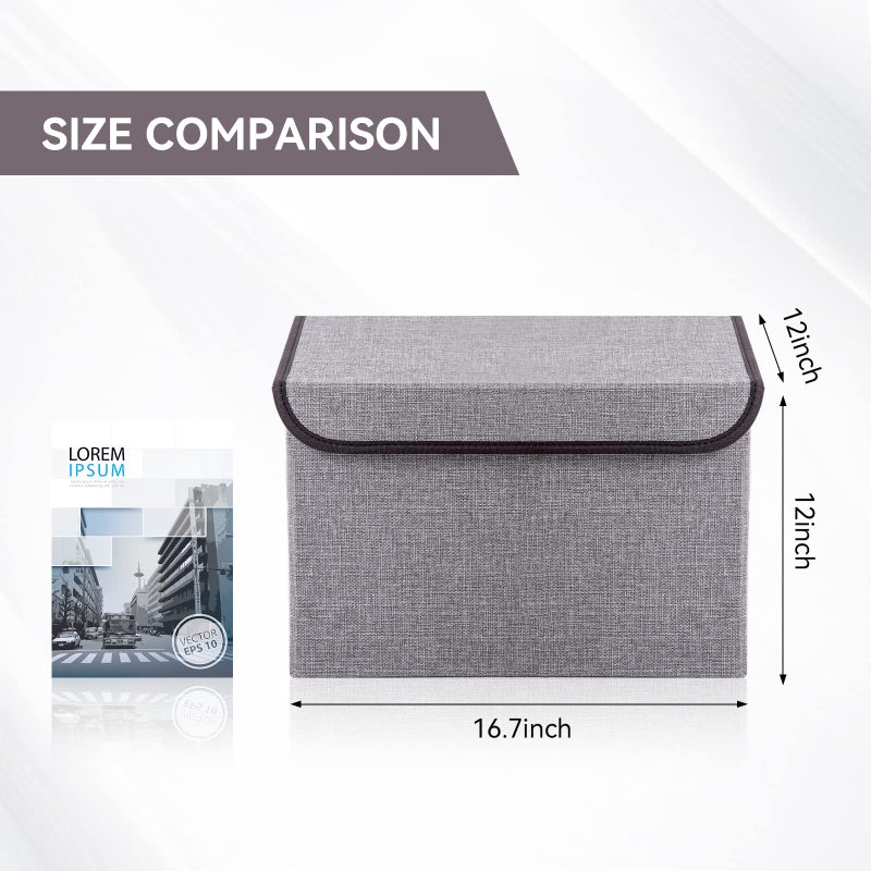 Bagnizer Large 17" 42 Quarts Collapsible Stackable Storage Bins with Lids [3-Pack] Foldable Fabric Linen Storage Boxes Cube, Closet Organizer Baskets with Label for Home (16.7 x 12 x 12, Gray) - Image 2