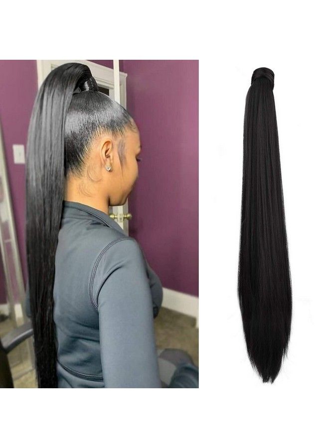 SEIKEA 32 Inch Clip In Ponytail Extension Wrap Around Long Straight Pony Tail Hair Synthetic Hairpiece For Women Black - Image 1