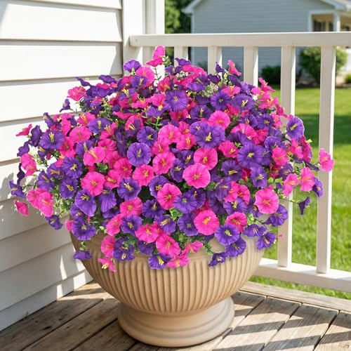 Bassion Artificial Flowers for Outdoors 16 Bundles Mix Color Silk Fake Flowers Morning Glory UV Resistant Eucalyptus Plants Faux Petunias Plants for Porch Garden Planters Window Box Outside Indoor Decor - Image 1