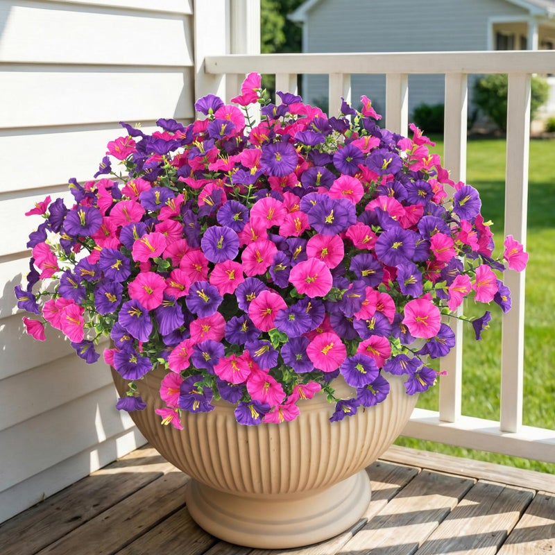 Bassion Artificial Flowers for Outdoors 16 Bundles Mix Color Silk Fake Flowers Morning Glory UV Resistant Eucalyptus Plants Faux Petunias Plants for Porch Garden Planters Window Box Outside Indoor Decor - Image 2