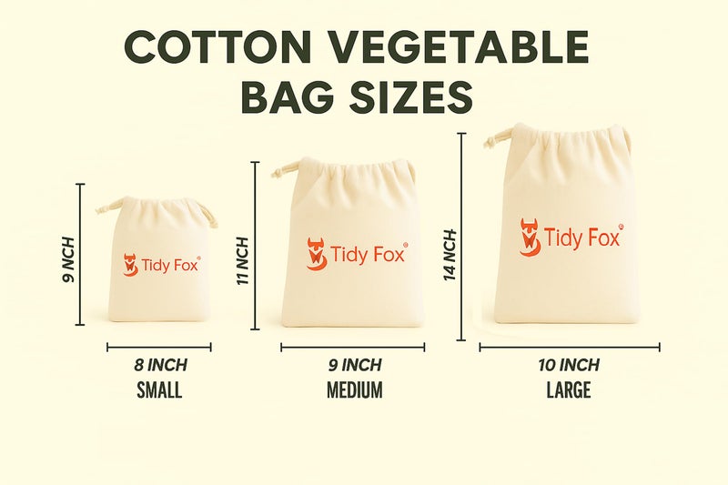Tidy Fox Cotton Bags for Fridge Vegetable Storage / (Set of 24) / Drawstring, Washable & Eco-Friendly - Image 2