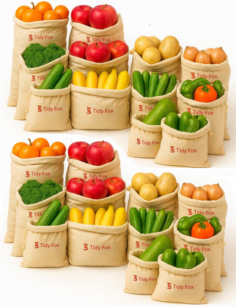 Tidy Fox Cotton Bags for Fridge Vegetable Storage / (Set of 24) / Drawstring, Washable & Eco-Friendly - Image 1