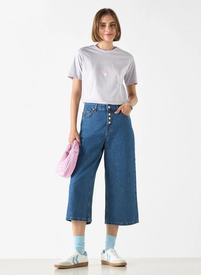 Splash FAV Typographic Print Crew Neck T-shirt with Short Sleeves