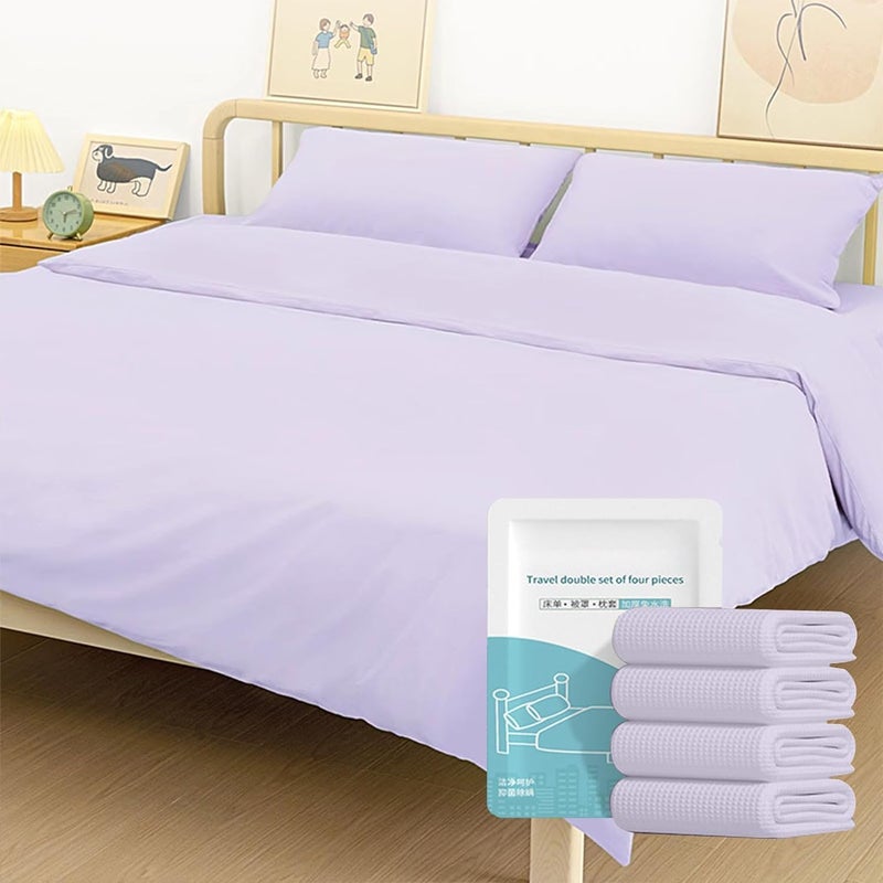 Disposable Bedding Set, for Travel & Emergency, Includes Bed Sheets, Quilt Cover, Pillow Case, and Bedspread, Thickened Material, Portable & Hygienic, Double Bed Size, Purple, 4-Piece Set - Image 1