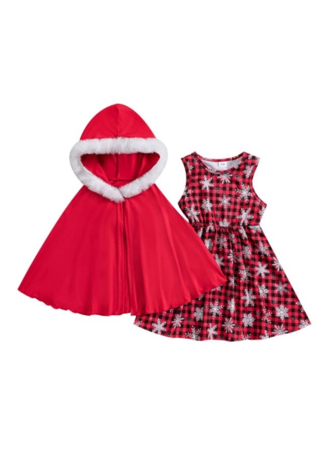 GGEROU Toddler Baby Girls Costume 2Pcs Festival Outfits Plaid Snowflake Print Elastic Waist Crew Neck Sleeveless Dress and Red Hooded Cloak Set - Image 1