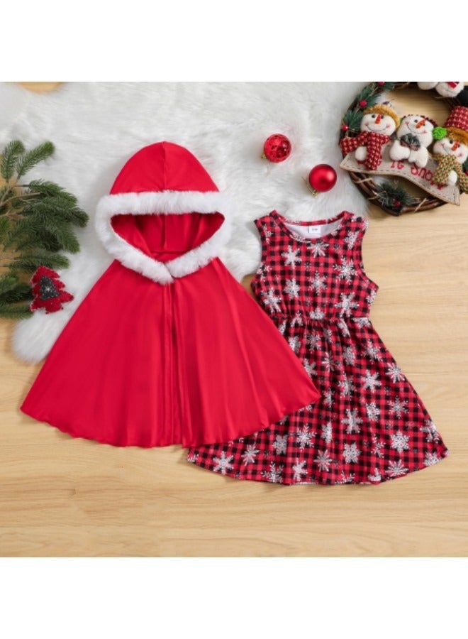 GGEROU Toddler Baby Girls Costume 2Pcs Festival Outfits Plaid Snowflake Print Elastic Waist Crew Neck Sleeveless Dress and Red Hooded Cloak Set - Image 2