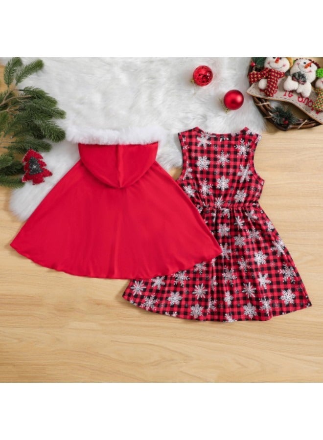 GGEROU Toddler Baby Girls Costume 2Pcs Festival Outfits Plaid Snowflake Print Elastic Waist Crew Neck Sleeveless Dress and Red Hooded Cloak Set - Image 3