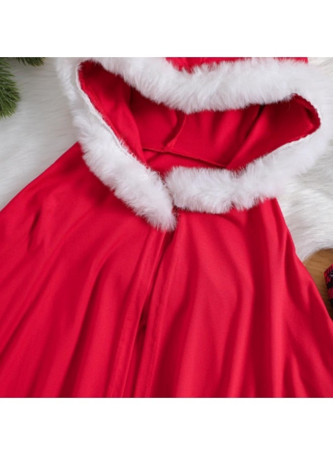 GGEROU Toddler Baby Girls Costume 2Pcs Festival Outfits Plaid Snowflake Print Elastic Waist Crew Neck Sleeveless Dress and Red Hooded Cloak Set - Image 4