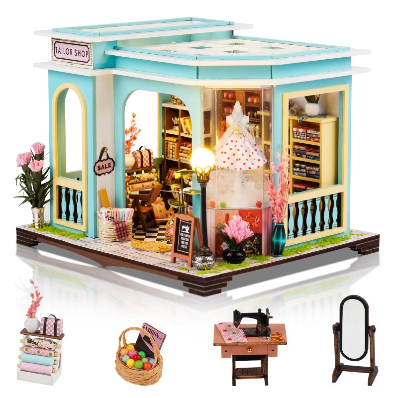 Foyucool DIY Miniature House Kit Tailor Shop 3D Wooden Puzzle Book Nook Kit with LED Light Miniature Building Craft for Adults Unique Bookshelf Decor Gift for Family and Friend - Image 2
