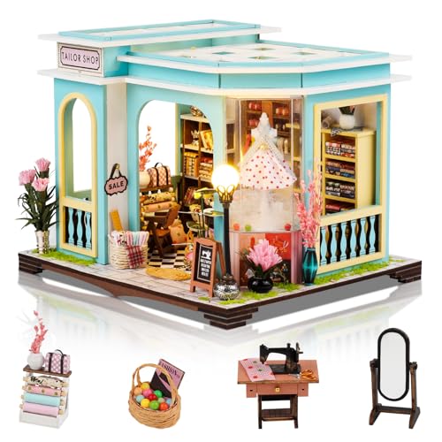 Foyucool DIY Miniature House Kit Tailor Shop 3D Wooden Puzzle Book Nook Kit with LED Light Miniature Building Craft for Adults Unique Bookshelf Decor Gift for Family and Friend - Image 1