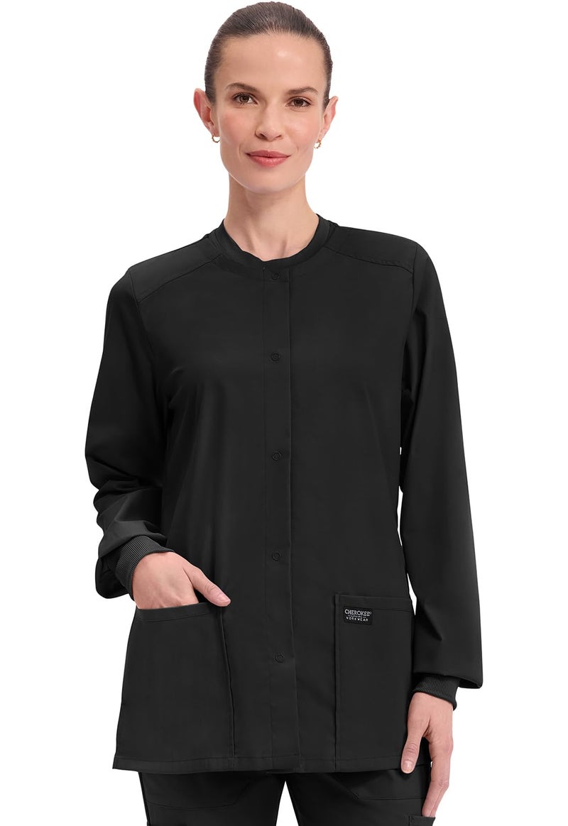 Cherokee Scrub for Women Snap Front Jacket with 3 Pockets, Fade Resistant, 2-Way Stretch, Soft & Durable Fabric - WW340, S, Black - Image 1