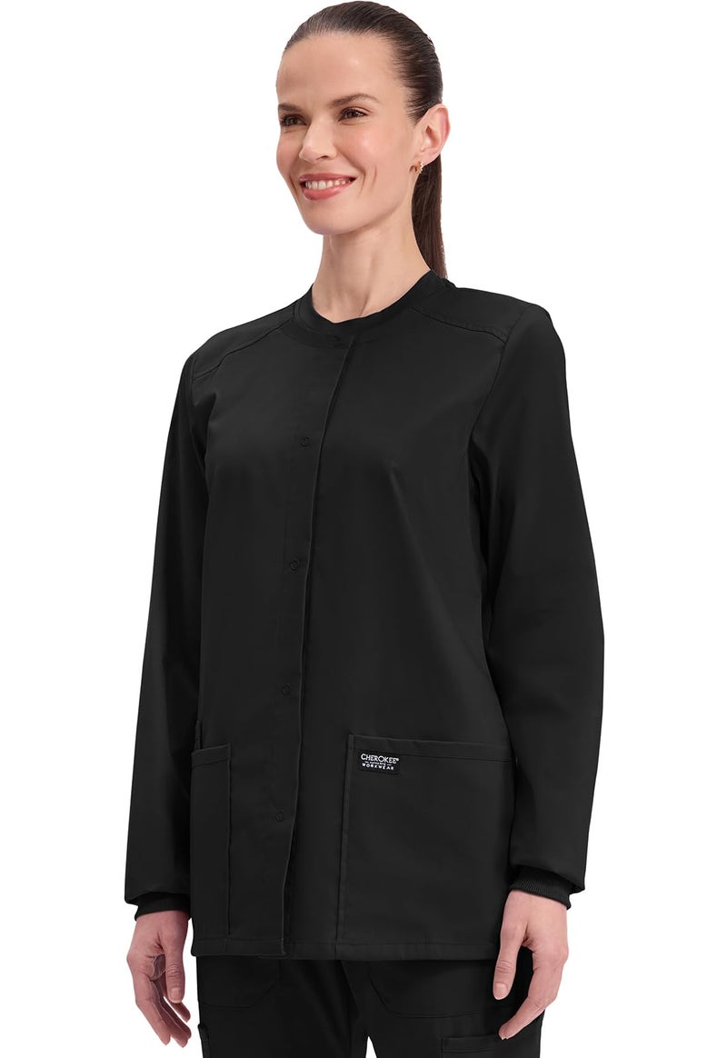 Cherokee Scrub for Women Snap Front Jacket with 3 Pockets, Fade Resistant, 2-Way Stretch, Soft & Durable Fabric - WW340, S, Black - Image 2