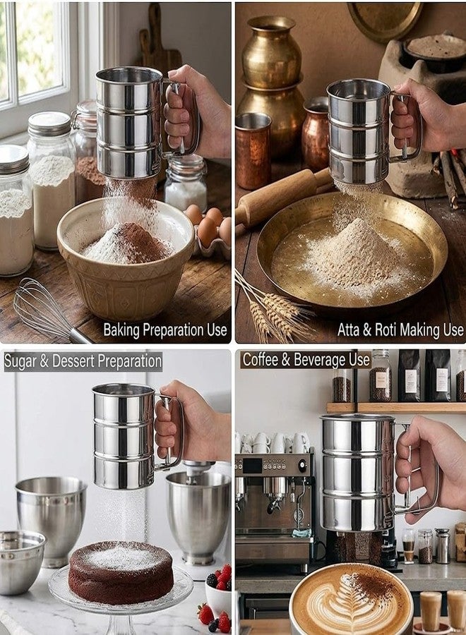Hebezon Professional Stainless Steel Flour Sifter Large Capacity Hand Press Atta Chhani Fine Mesh Sieve for Bakery,Commercial Use Cocoa,Sugar,Dusting Coffee,Toppings Spice Sifting Kitchen Tool - Image 3