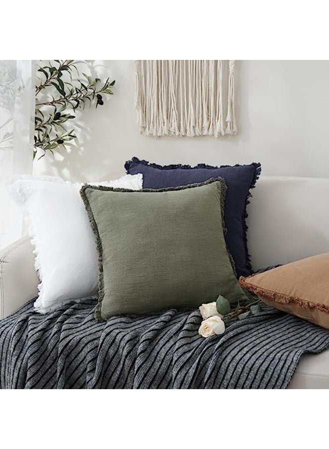 Nadrab Set of 2 Decorative Linen Fringe Throw Pillow Covers Cozy Boho Farmhouse Cushion Cover with Tassels Soft Accent Pillowcase for Couch Sofa Bed Living Room Home Decor,18×18 Inch,Olive Green - Image 5