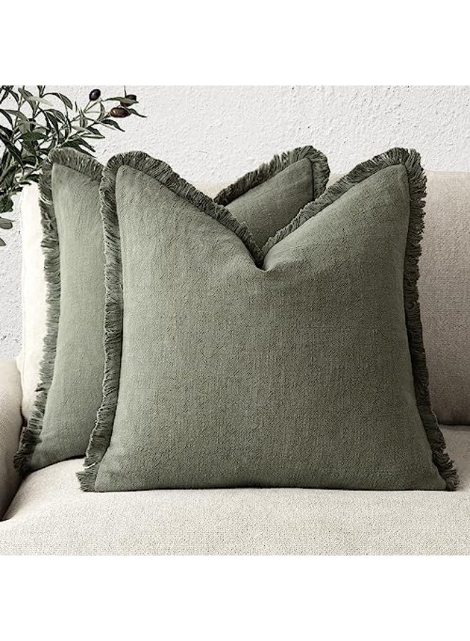 Nadrab Set of 2 Decorative Linen Fringe Throw Pillow Covers Cozy Boho Farmhouse Cushion Cover with Tassels Soft Accent Pillowcase for Couch Sofa Bed Living Room Home Decor,18×18 Inch,Olive Green - Image 1
