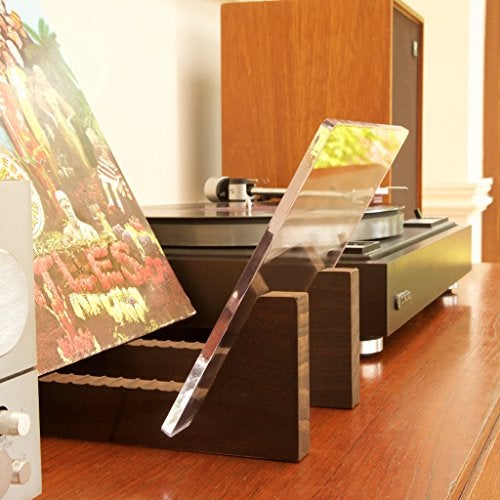 KAIU Vinyl Record Storage - Solid Wood with Crystal Clear Acrylic Holder - Premium Design, Perfect 12" LPs or 7" Singles Display Unit - Stores and Supports up to 50 Albums (Walnut) - Image 3