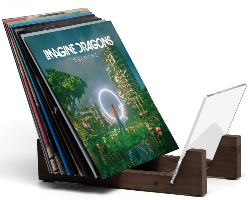 KAIU Vinyl Record Storage - Solid Wood with Crystal Clear Acrylic Holder - Premium Design, Perfect 12" LPs or 7" Singles Display Unit - Stores and Supports up to 50 Albums (Walnut) - Image 1