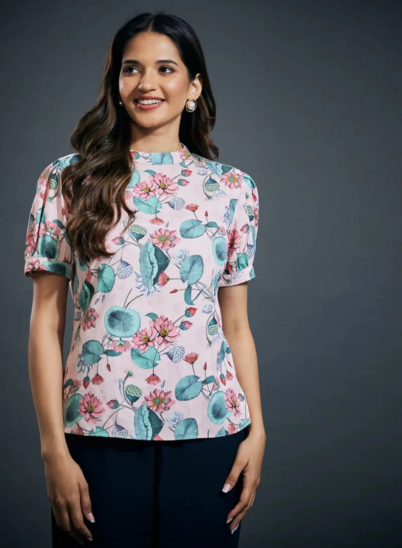 Zigzag Puffy Printed Sleeve High Neck Top