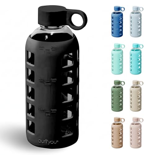 purifyou 40oz / 32oz / 22oz / 12oz Borosilicate Glass Water Bottle with Time & Volume Markers, Silicone Sleeve, Stainless Steel Lid | Reusable Glass Bottle for Water & Juice (22oz Jet Black) - Image 1
