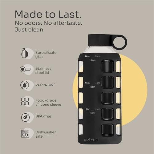 purifyou 40oz / 32oz / 22oz / 12oz Borosilicate Glass Water Bottle with Time & Volume Markers, Silicone Sleeve, Stainless Steel Lid | Reusable Glass Bottle for Water & Juice (22oz Jet Black) - Image 4
