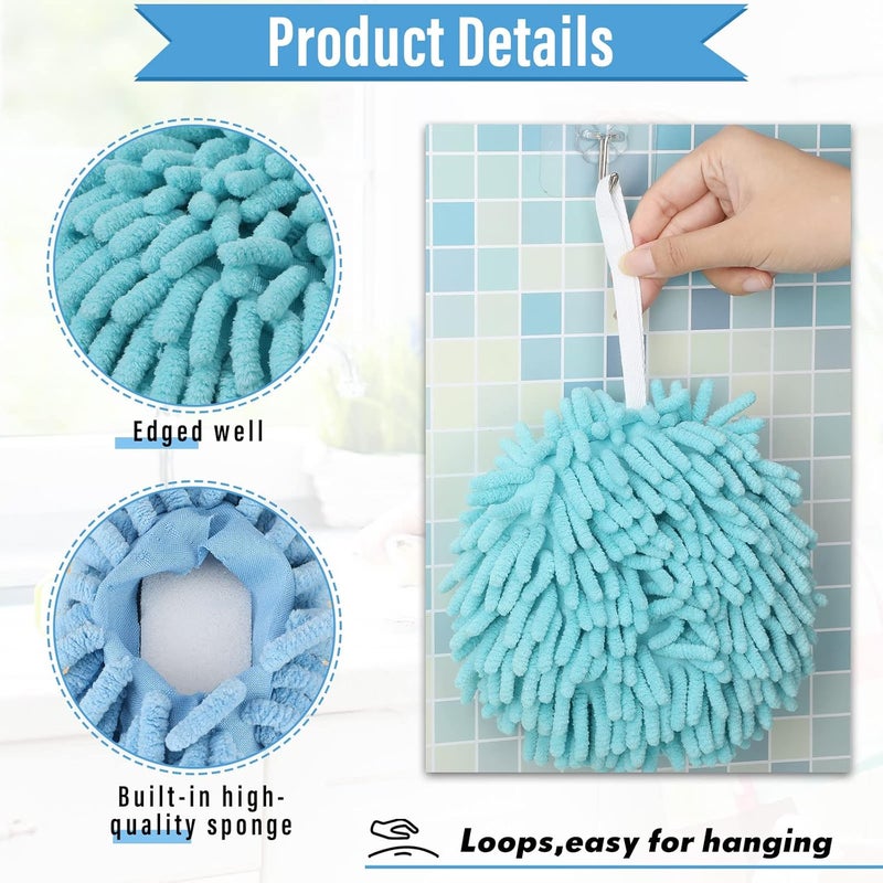 Macarrie منشفة ماكاري 12 حزمة كرة فuzzy للحمام منشفة يد شنيلا كرة يد ماصة ناعمة مزخرفة سريعة التجفيف مع حلقة للتعليق مناشف مطبخ لتزيين المطبخ 6 ألوان - Image 3