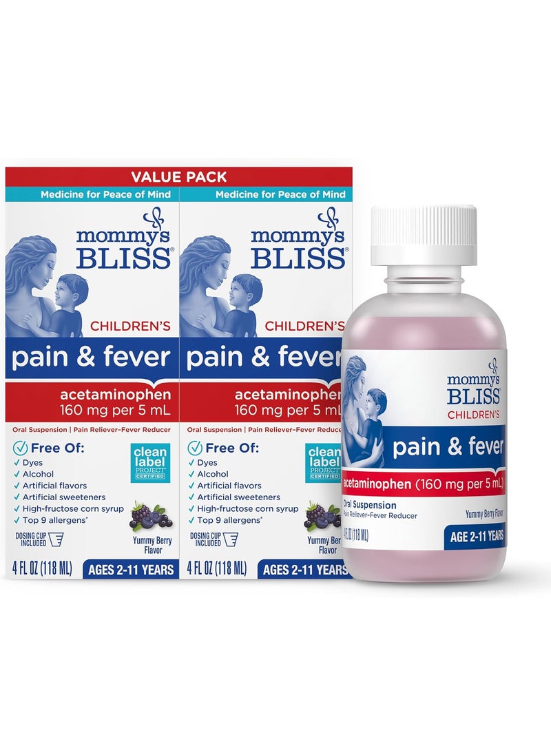 Mommy's Bliss Mommy's Bliss Children's Pain and Fever Reducer, Kids Acetaminophen, Dye Free, Delicious Mixed Berry Flavor, Ages 2+, 4 Fluid Ounces (Pack of 2) 
