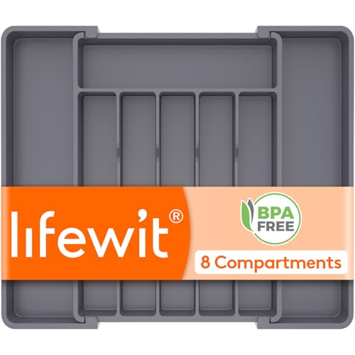 Lifewit Silverware Drawer Organizer, Expandable Utensil Tray for Kitchen, BPA Free Flatware and Cutlery Holder, Adjustable Plastic Storage for Spoons Forks Knives, 10.9"-17.5" x 13.7", Dark Grey - Image 1