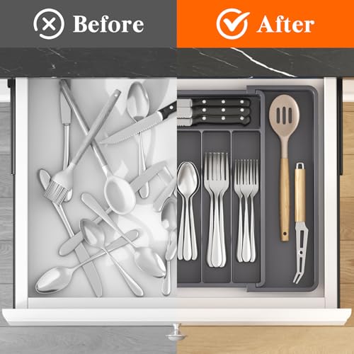 Lifewit Silverware Drawer Organizer, Expandable Utensil Tray for Kitchen, BPA Free Flatware and Cutlery Holder, Adjustable Plastic Storage for Spoons Forks Knives, 10.9"-17.5" x 13.7", Dark Grey - Image 5