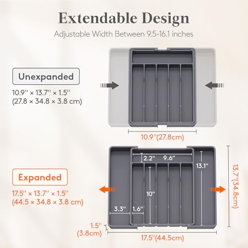 Lifewit Silverware Drawer Organizer, Expandable Utensil Tray for Kitchen, BPA Free Flatware and Cutlery Holder, Adjustable Plastic Storage for Spoons Forks Knives, 10.9"-17.5" x 13.7", Dark Grey - Image 2