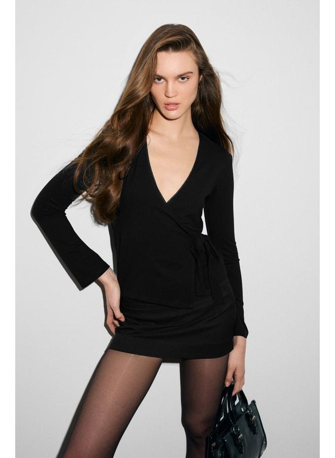 GRIMELANGE VEGA Women's Cross-Collar Top with Side Tie, Decorative Stripe Detail, Long Sleeve Black Blouse. - Image 1