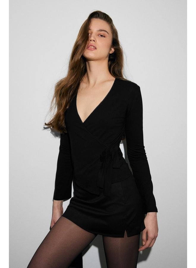 GRIMELANGE VEGA Women's Cross-Collar Top with Side Tie, Decorative Stripe Detail, Long Sleeve Black Blouse. - Image 3
