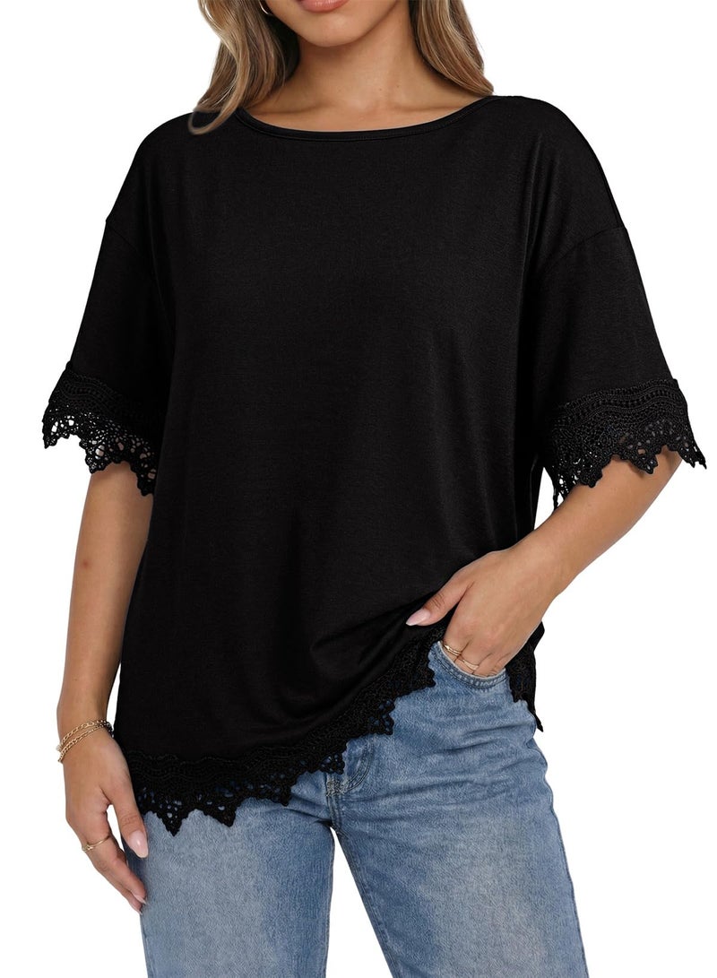 Dokotoo Oversized T Shirt for Women Fashion Trendy 2026 Summer Casual Loose Short Sleeve Tops Crewneck Lace Tees Shirts Black Medium - Image 4