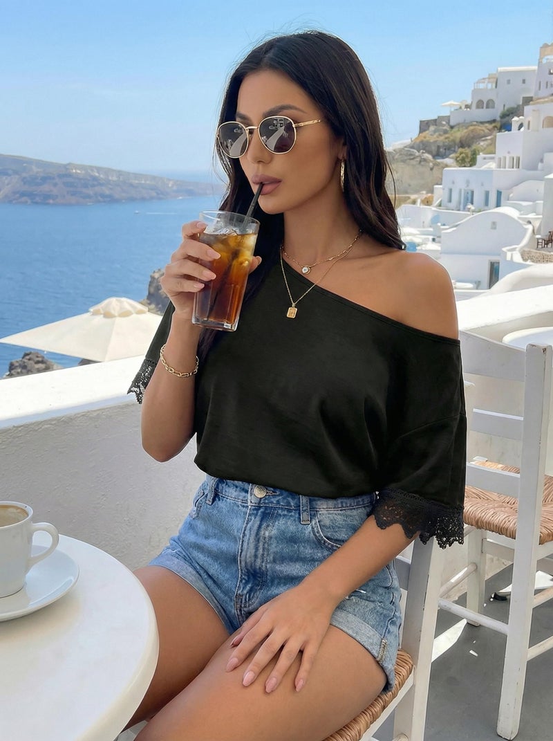Dokotoo Oversized T Shirt for Women Fashion Trendy 2026 Summer Casual Loose Short Sleeve Tops Crewneck Lace Tees Shirts Black Medium - Image 5