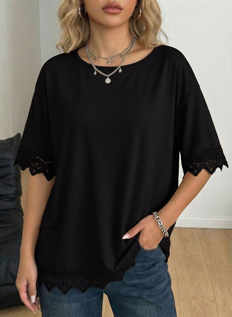 Dokotoo Oversized T Shirt for Women Fashion Trendy 2026 Summer Casual Loose Short Sleeve Tops Crewneck Lace Tees Shirts Black Medium - Image 3