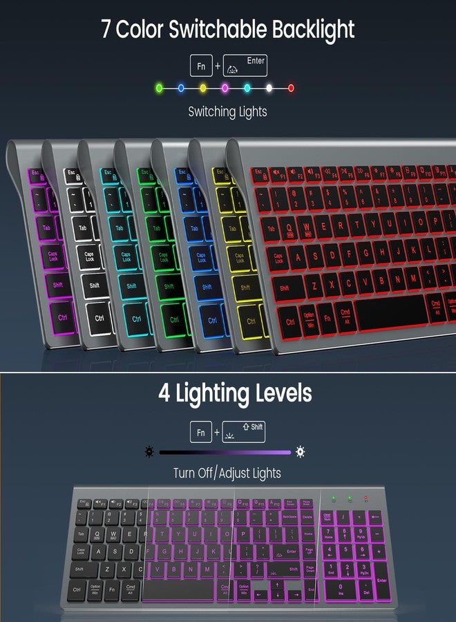 SABLUTE Wireless Keyboard with 7 Colored Backlits, Rechargeable Silent Compact Cordless Computer Keyboard with Low Profile Quiet Light Up Keys for Windows, PC, Linux, Chrome, Mac (Grey) - Image 2
