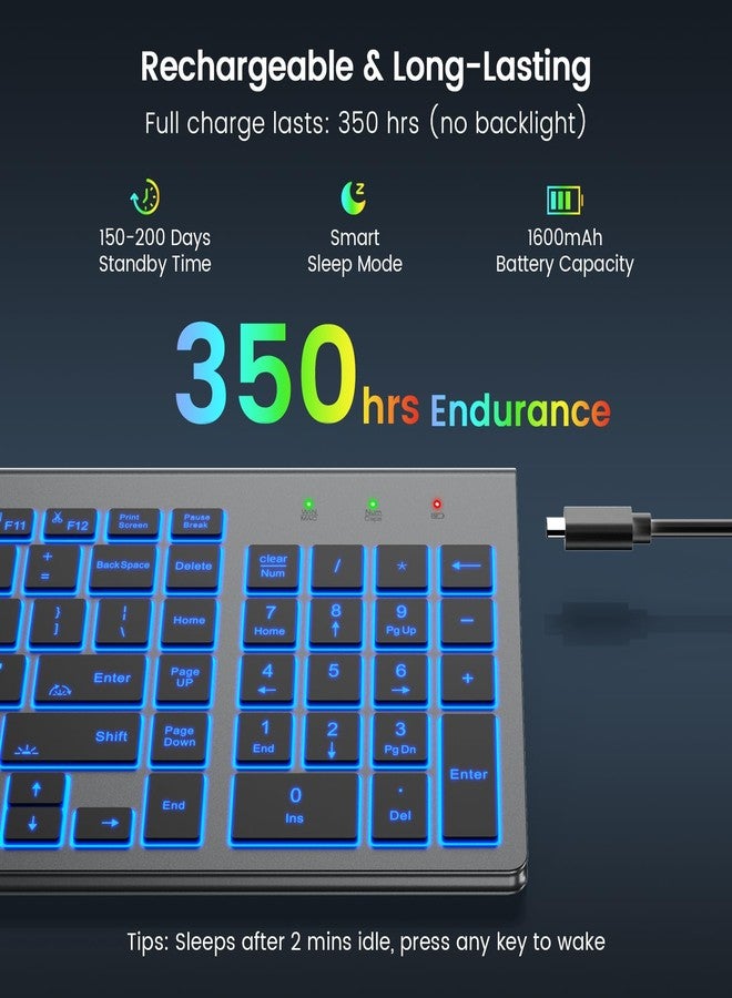 SABLUTE Wireless Keyboard with 7 Colored Backlits, Rechargeable Silent Compact Cordless Computer Keyboard with Low Profile Quiet Light Up Keys for Windows, PC, Linux, Chrome, Mac (Grey) - Image 3