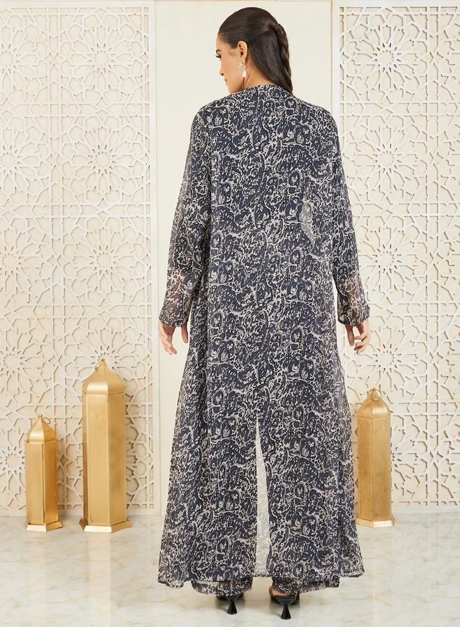 Styli Paisley AOP Abaya, Inner Top and Wide Leg Pant Set