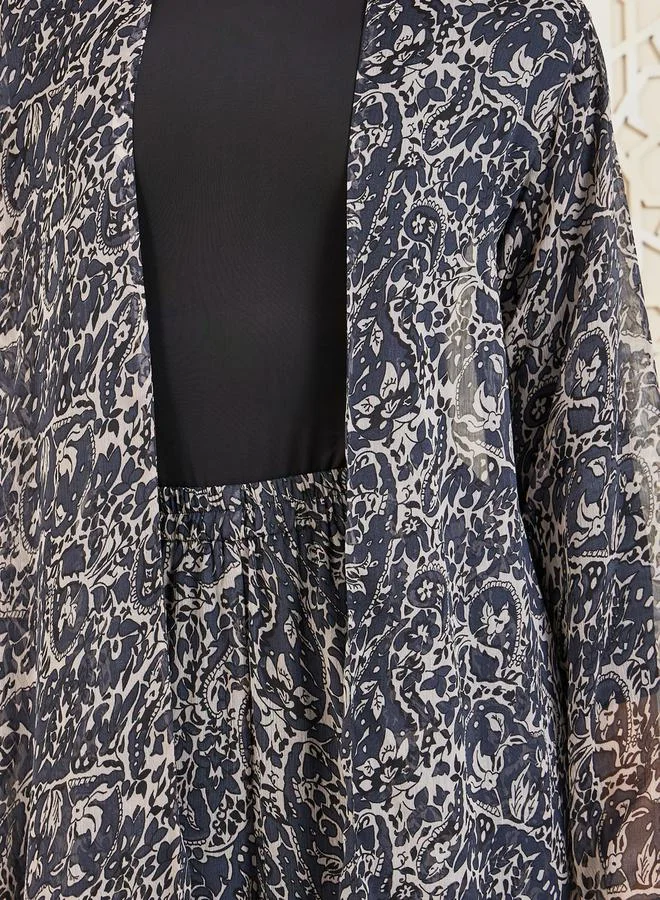 Styli Paisley AOP Abaya, Inner Top and Wide Leg Pant Set
