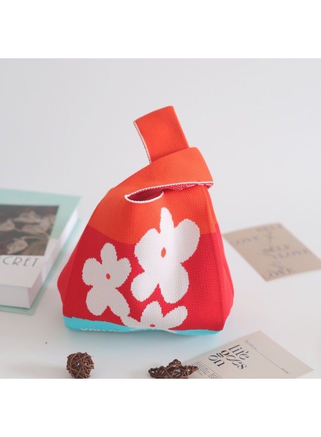 Ins Internet Celebrity Handbag Women's Knitted Wool Bucket Bag Japanese And Korean Style All-Match Hand Casual Tote Bag Lunch Box Bag-Color:three Flowers Orange-Dimensions:20*35 - Image 1