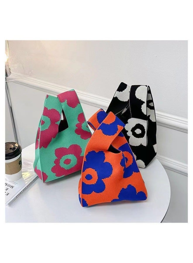 Ins Internet Celebrity Handbag Women's Knitted Wool Bucket Bag Japanese And Korean Style All-Match Hand Casual Tote Bag Lunch Box Bag-Color:three Flowers Orange-Dimensions:20*35 - Image 4