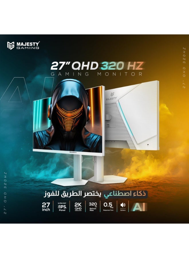 ماجيستي شاشة ألعاب ماجيستي 27 بوصة 2K QHD | IPS | 320Hz | 0.5ms | HDR400 | 10-Bit | ‎123% sRGB | G-SYNC & FreeSync | تقنية AI | سماعات مدمجة | RGB | DP & HDMI | VESA | حامل مرن - أبيض - Image 2