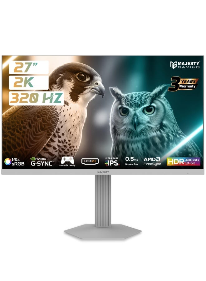 ماجيستي شاشة ألعاب ماجيستي 27 بوصة 2K QHD | IPS | 320Hz | 0.5ms | HDR400 | 10-Bit | ‎123% sRGB | G-SYNC & FreeSync | تقنية AI | سماعات مدمجة | RGB | DP & HDMI | VESA | حامل مرن - أبيض - Image 1